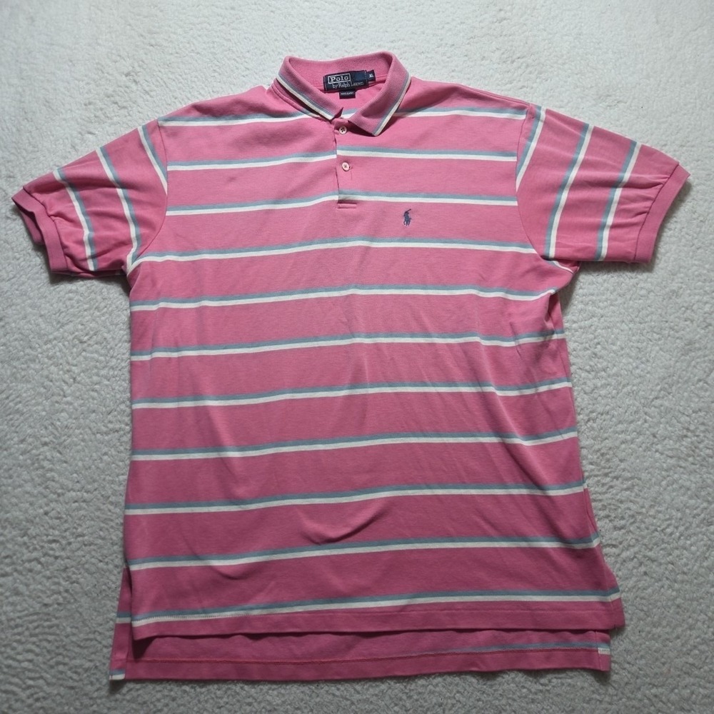 Vintage Polo Ralph Lauren Knit Polo Men's XL Pink White Striped Made In USA - Picture 1 of 9